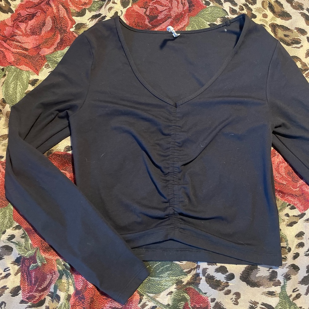 Blue Long Sleeve Crop Ruched Blouse